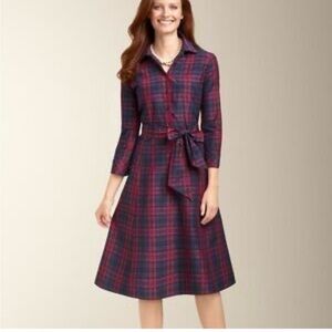 Talbots silk blend Plaid Shirt Dress with Waist Tie - Navy & Magenta size 10p